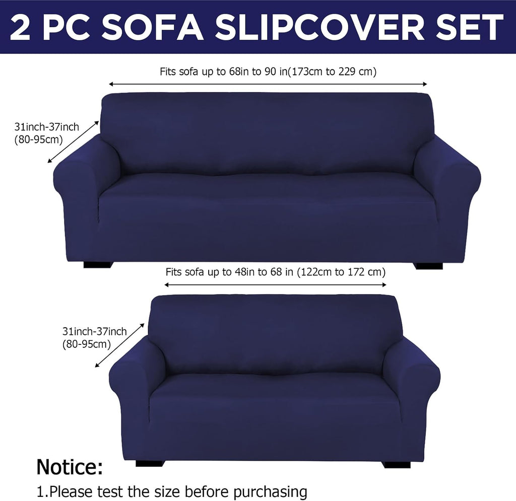 Peryiter 2 Pcs Couch and Loveseat Sofa Covers,Navy Blue,Milk Silk