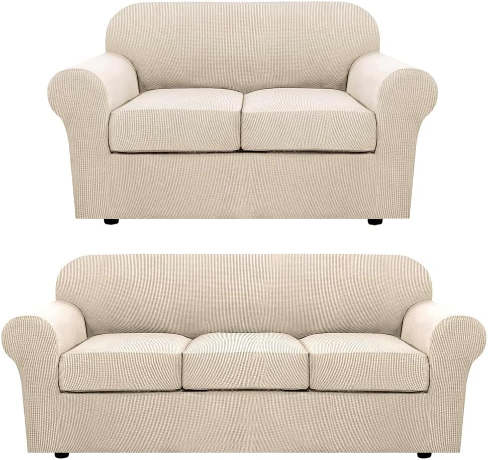 H.VERSAILTEX Stretch Sofa Covers for 3 Cushion Bundle 2 Cushion Loveseat Sofa Cover, Natrual