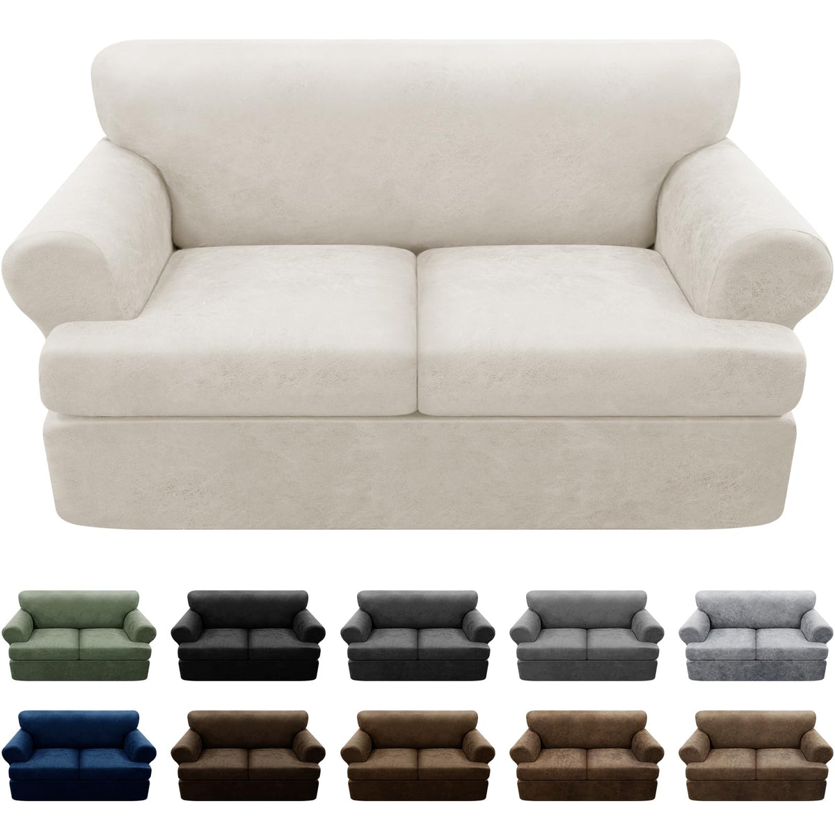 3-Pieces T Cushion Loveseat Slipcovers Leather Look Couch Cover Loveseat Covers for 2 Cushion Couch Furniture Protector Stretch Sofa Cover with 2 Individual T Cushion Seat Covers, Brown