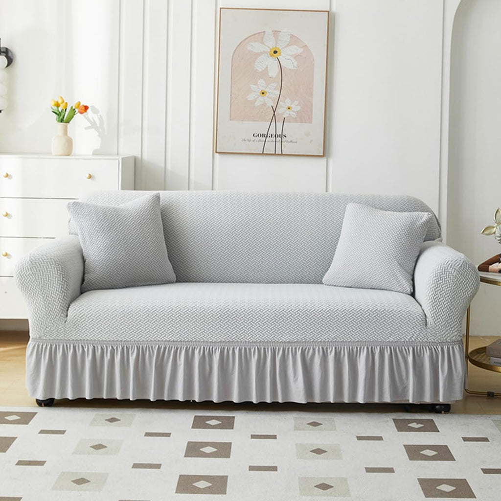 KAIJIE 1 piece Double seat Textured Sofa Slipcover with Ruffle Skirt,Elastic Stretch Fabric，Leaf Pattern Design Thick Anti Slip Protective Cover C-01Haze Blue