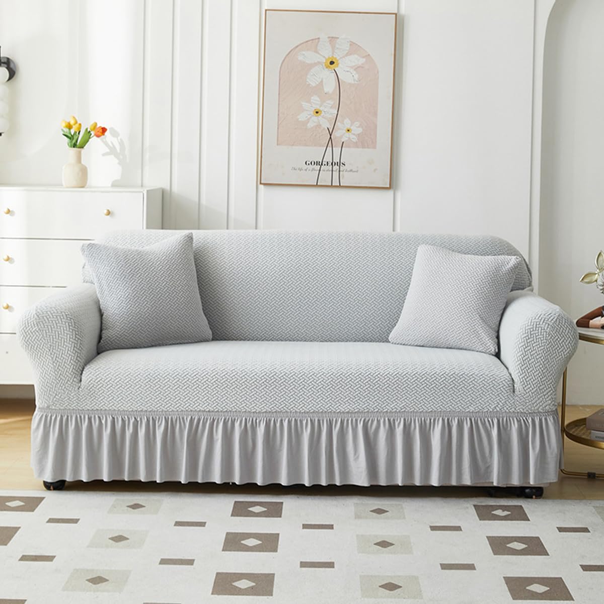 KAIJIE 1 piece Double seat Textured Sofa Slipcover with Ruffle Skirt,Elastic Stretch Fabric，Leaf Pattern Design Thick Anti Slip Protective Cover C-01Haze Blue