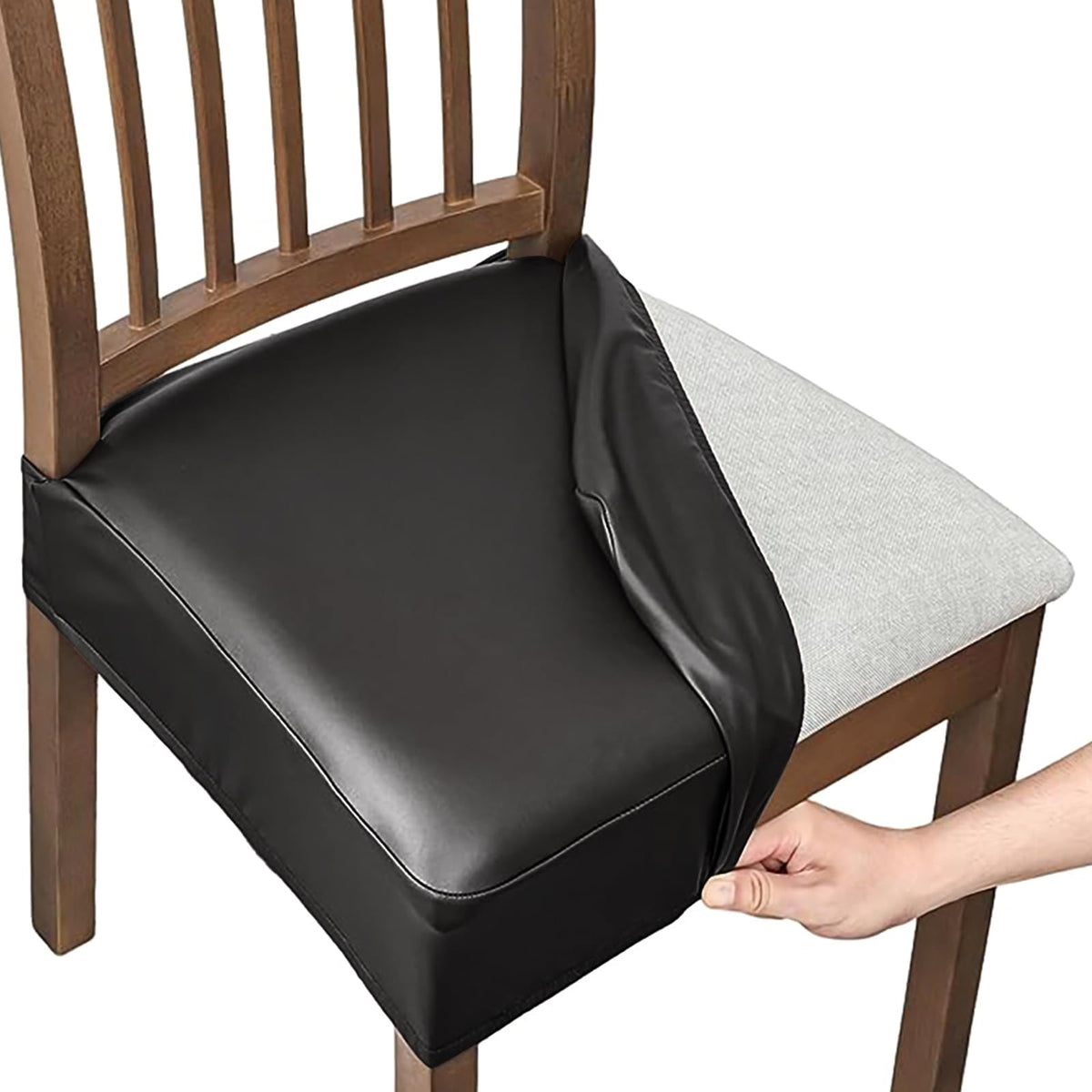 Dioxide Seat Covers Waterproof PU Leather Chair Covers Set of 6 for Dining Chairs,Stretch Fit Removable Chair Seat Protector Slipcovers with Elastic Band for Kitchen, Hotel (Black)