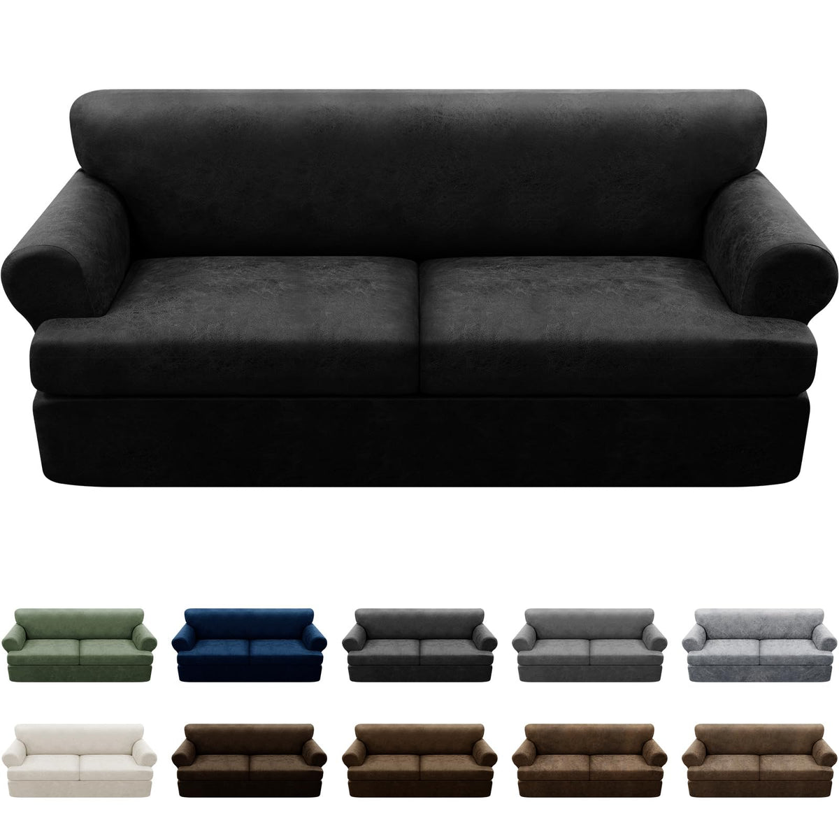 3-Pieces T Cushion Loveseat Slipcovers Leather Look Couch Cover Loveseat Covers for 2 Cushion Couch Furniture Protector Stretch Sofa Cover with 2 Individual T Cushion Seat Covers, Brown