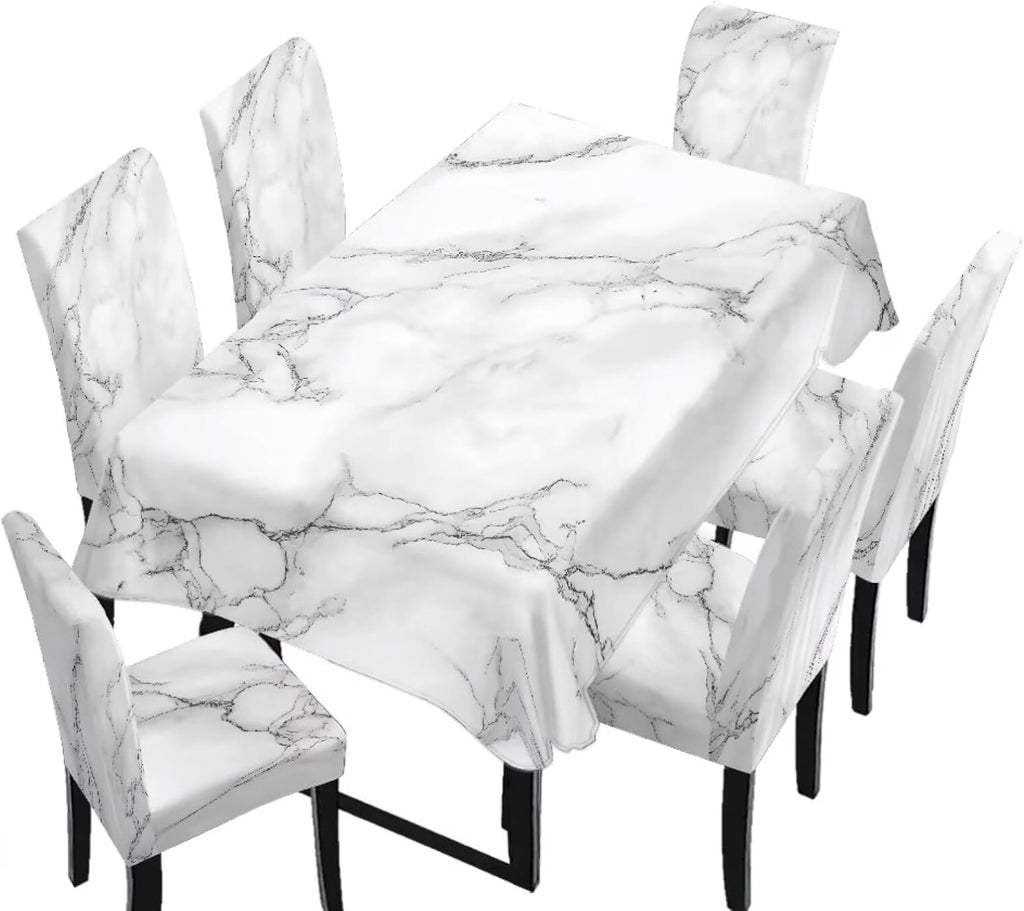 Table Cloth Rectangle Table Set of 7 Include Kitchen Chair Covers and Tablecloths for Dining Room Hotel Banquet, Anti-Scratch Chair Seat Protector Cover, Daisy Hippie Flower Print
