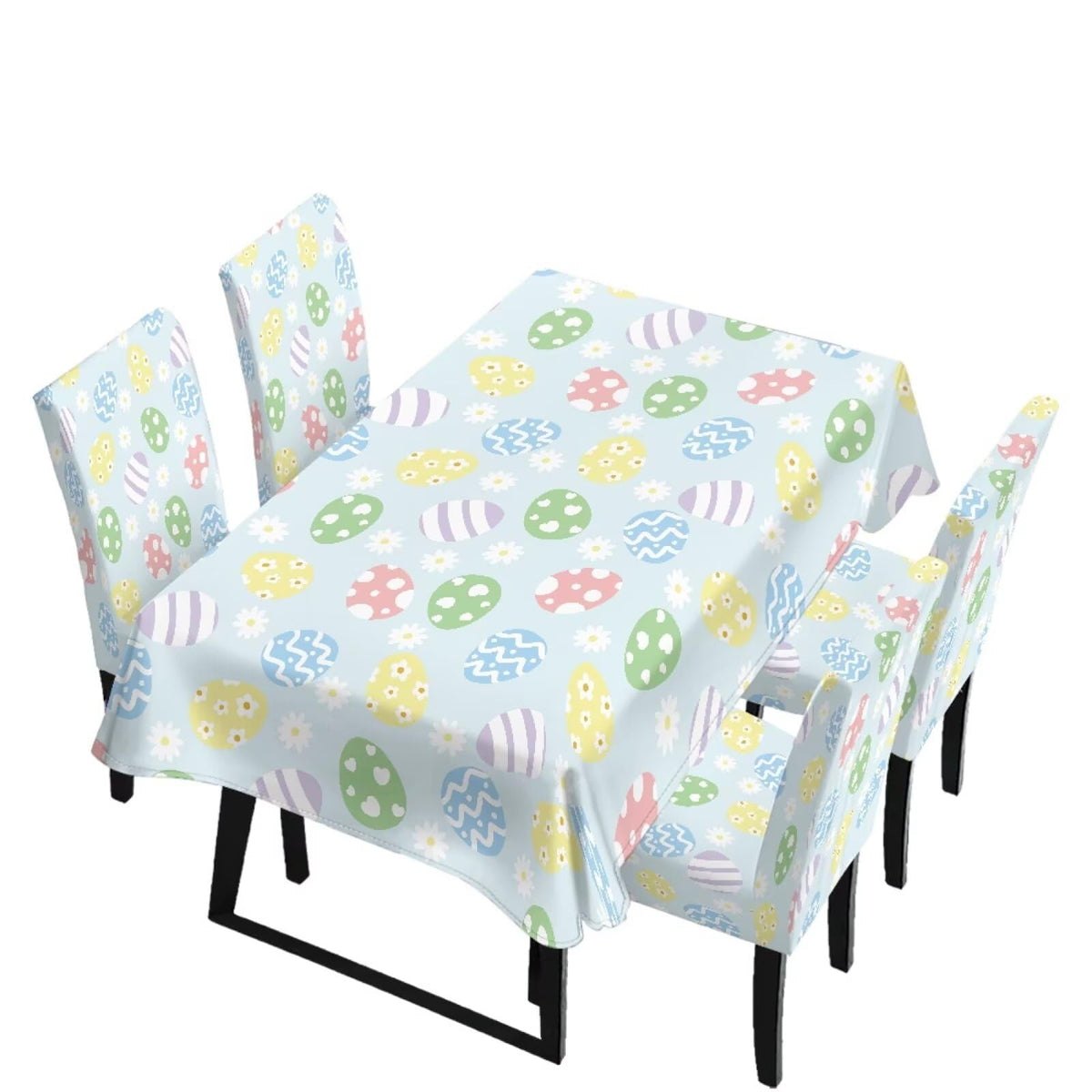 Table Cloth Rectangle Table Set of 5 Include Kitchen Chair Covers and Tablecloths for Dining Room Easter Decor, Anti-Scratch Chair Seat Protector Cover, Blue Cartoon Rabbit Carrot Dot