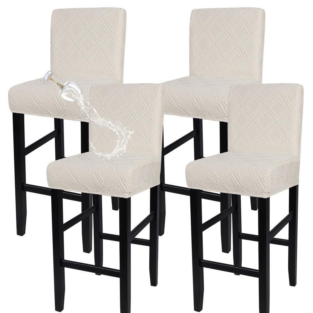 SearchI Bar Stool Covers Set of 4, Stretch Washable Barstool Seat Covers, Counter Height Chair Covers for Kitchen Dining Room Cafe (Beige Linen-Look Print)