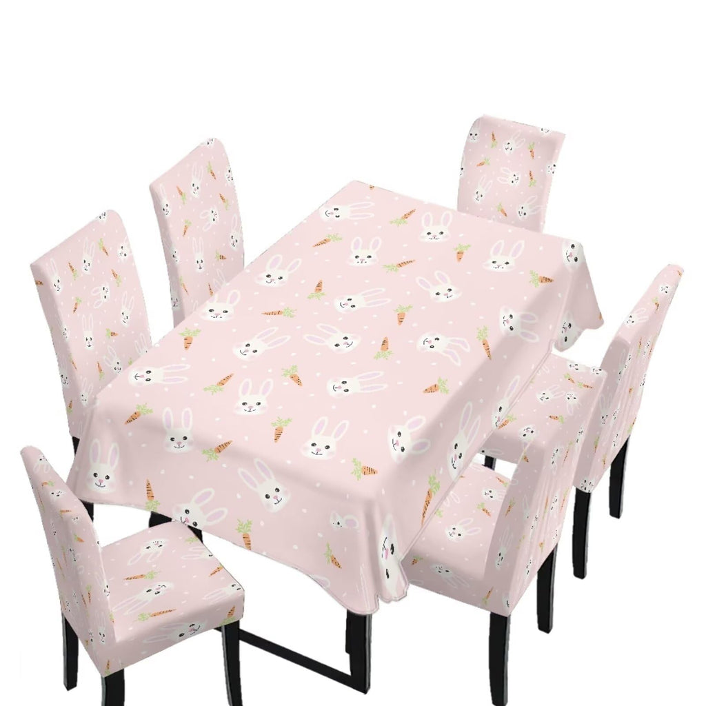 Table Cloth Rectangle Table Set of 5 Include Kitchen Chair Covers and Tablecloths for Dining Room Easter Decor, Anti-Scratch Chair Seat Protector Cover, Blue Cartoon Rabbit Carrot Dot