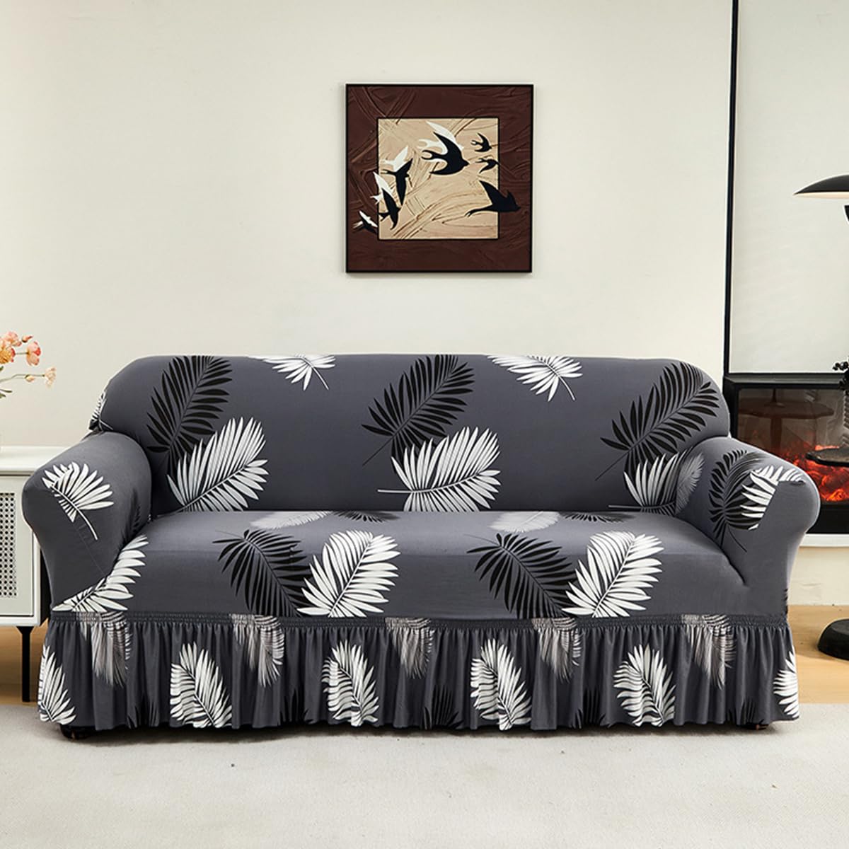 KAIJIE Super Stretch Sofa Slipcover–Non Slip Soft Couch Sofa Cover,Skirt Edge Design with Non Skid Foam and Elastic Bottoms for Crafted from Soft Polyester Printed Pattern（2-Person seat Couch Cover）