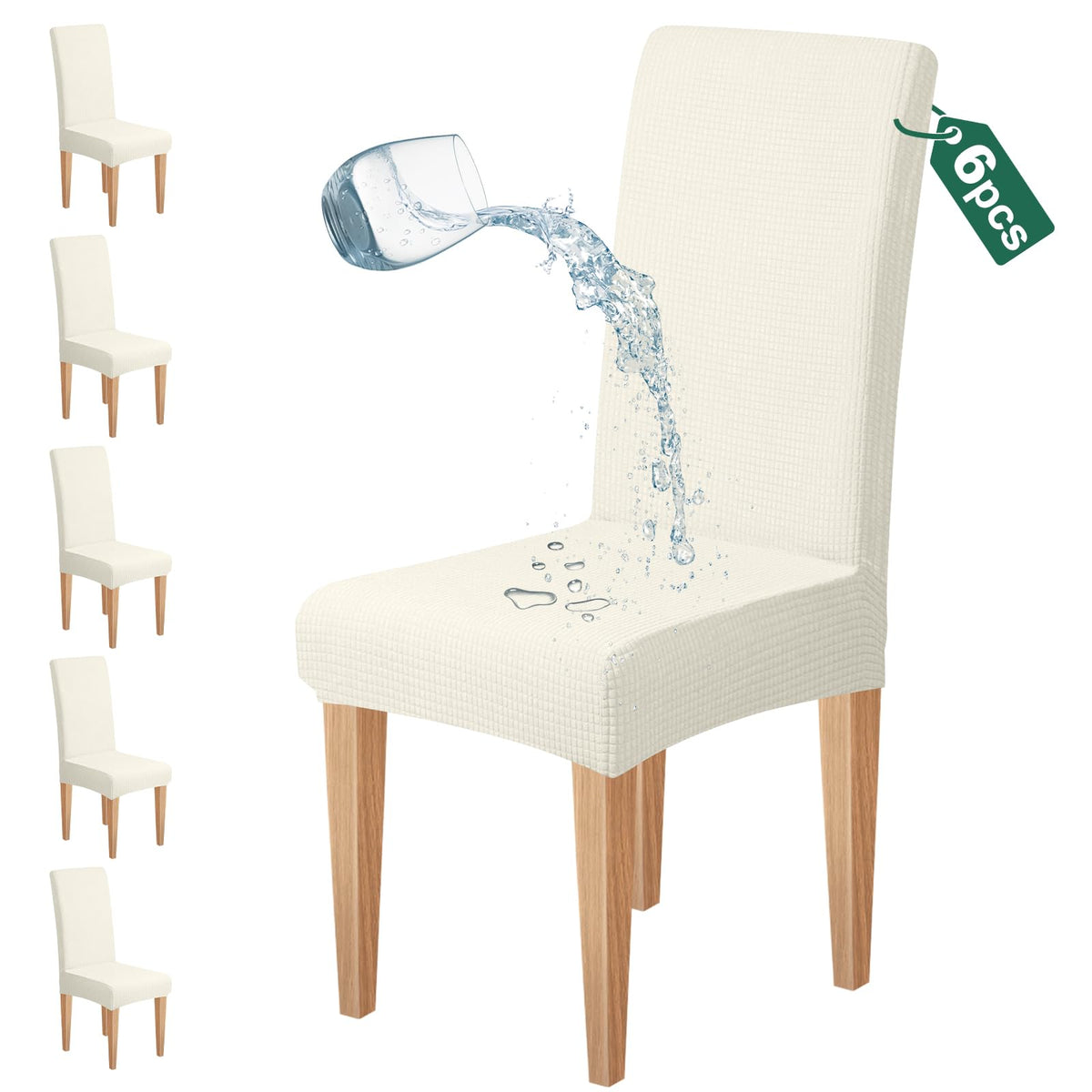 Dioxide Waterproof Chair Covers for Dining Chairs, Stretch Dining Chair Covers Set of 6, Parson Chair Slipcovers, Washable Kitchen Chairs Seat Covers Protectors for Home Restaurant Banquet - Beige