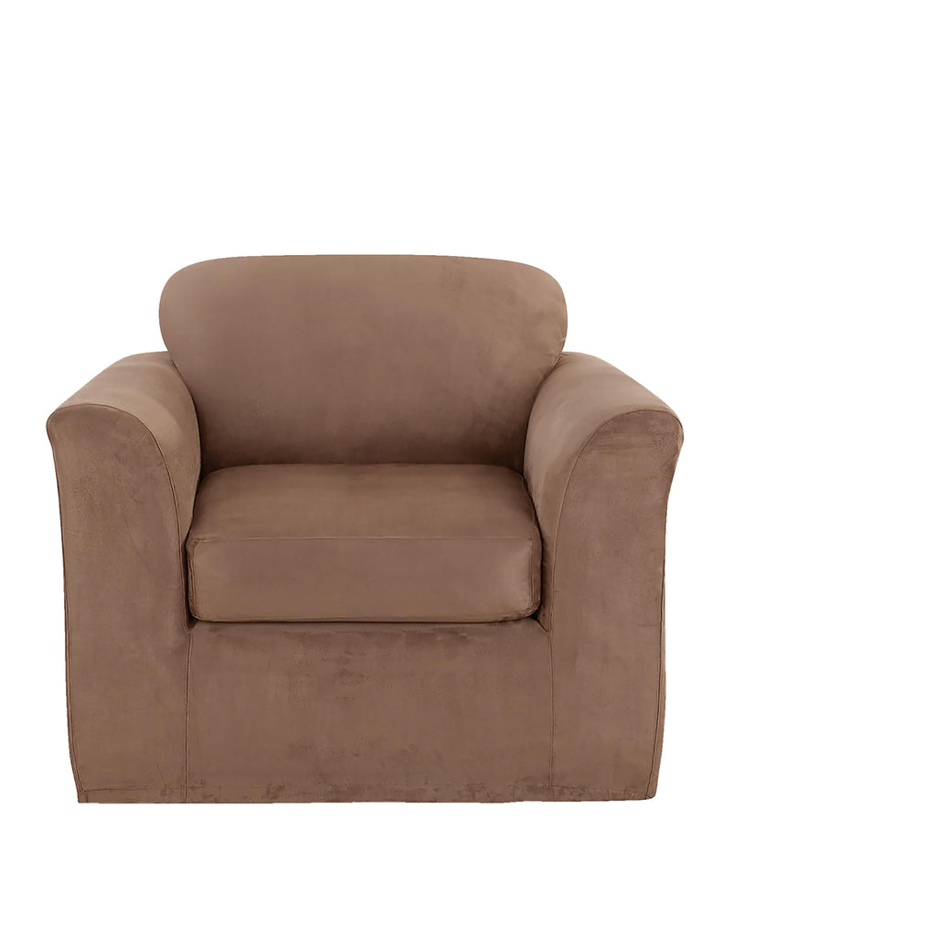 SureFit Home Décor Soft Suede Box Cushion Loveseat One Piece Slipcover, Relaxed Fit, Polyester, Machine Washable, Chocolate Color