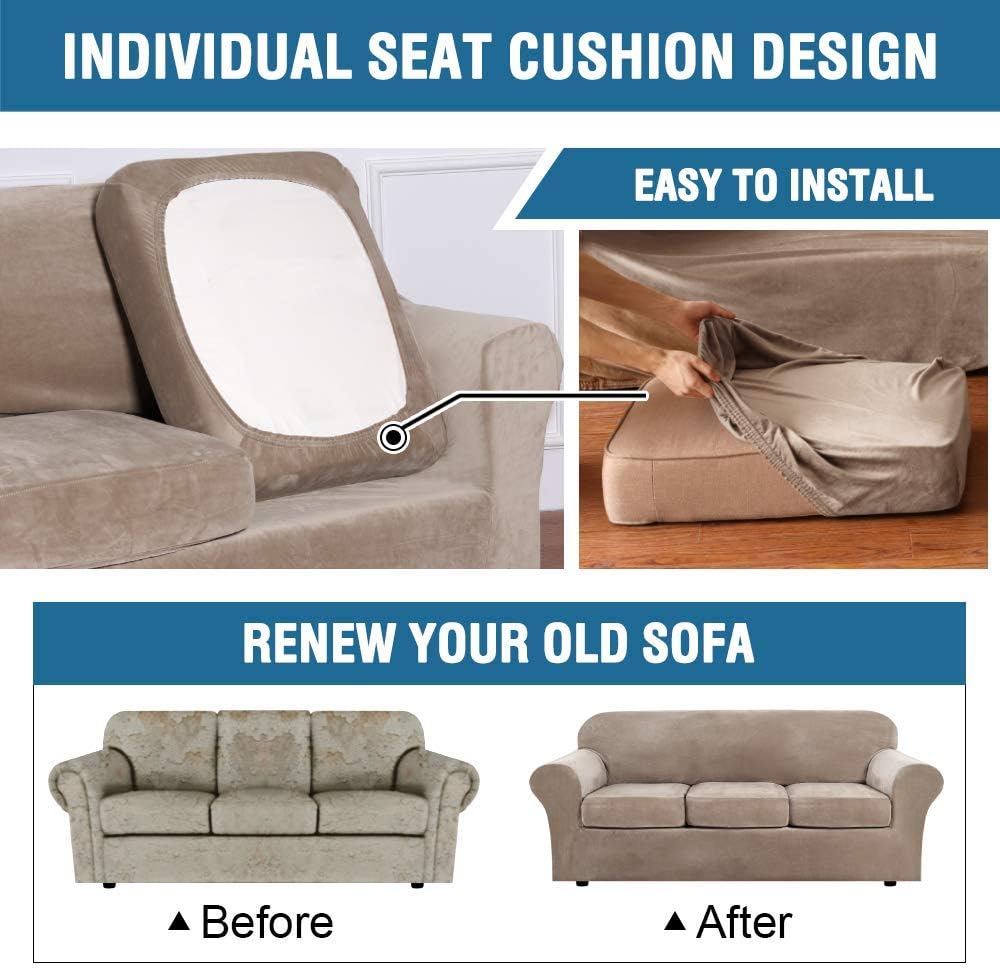 H.VERSAILTEX 4 Pieces Velvet Plush Sofa Slipcover Bundle 3 Pieces Velvet Plush Loveseat Cover, Taupe