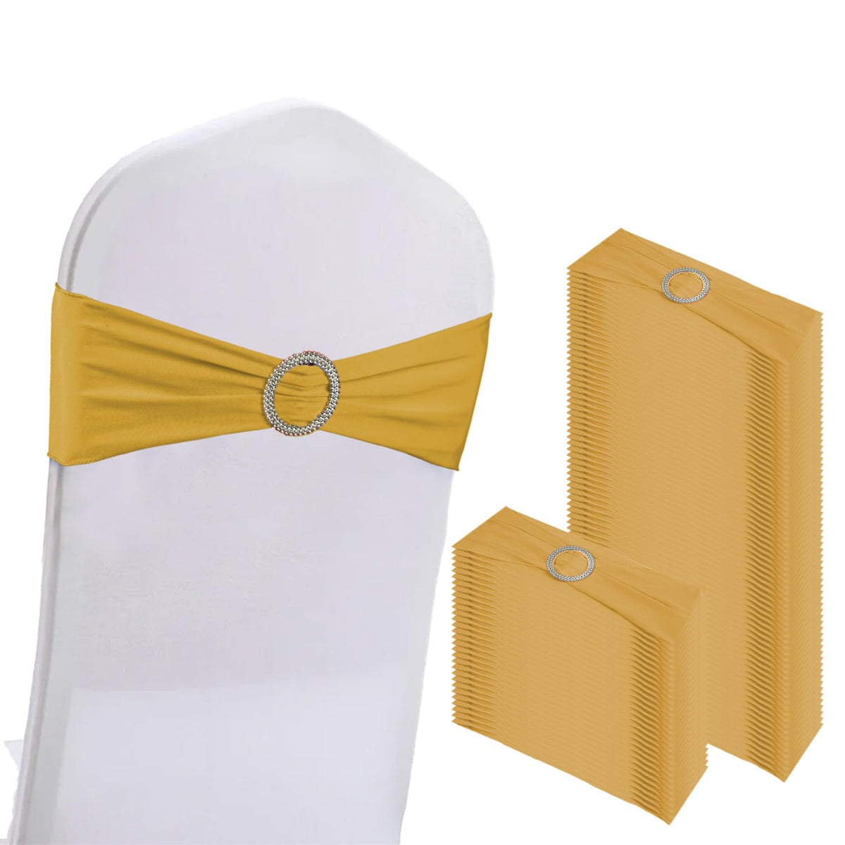 WJWHQ 100PCS Spandex Stretch Chair Sashes Bows Elastic Chair Cover Bands Ties with Buckle Slider for Wedding Party Reception Events Universal Ceremony Banquet Decorations (Gold)