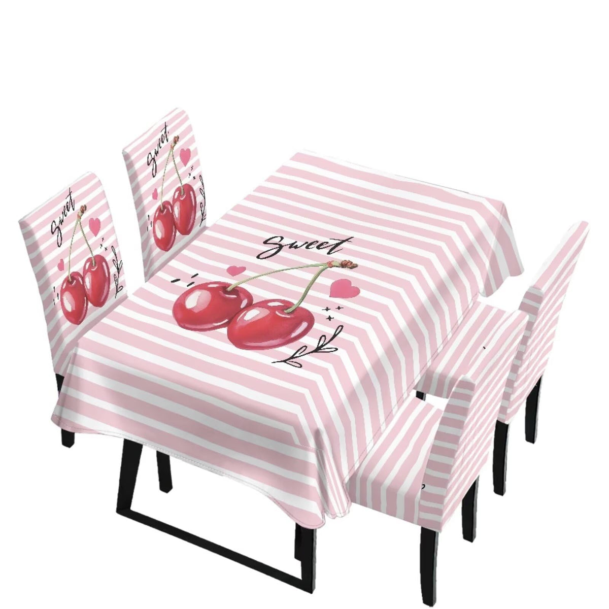 Dining Room Chair Cover and Tablecloths 7 Pack, Stain Resistant Stretch Kitchen Chair Seat Slipcovers Anti-Wrinkle Table Protector for Party, Pastoral Rose Flower Stripes Print Green