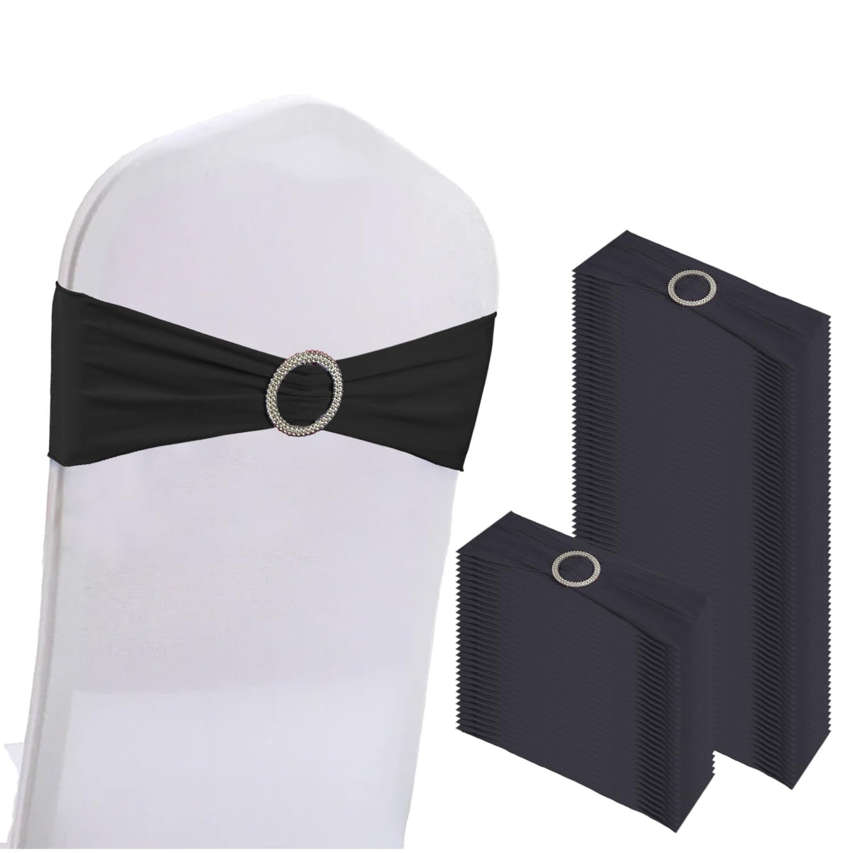 WJWHQ 100PCS Spandex Stretch Chair Sashes Bows Elastic Chair Cover Bands Ties with Buckle Slider for Wedding Party Reception Events Universal Ceremony Banquet Decorations (Gold)