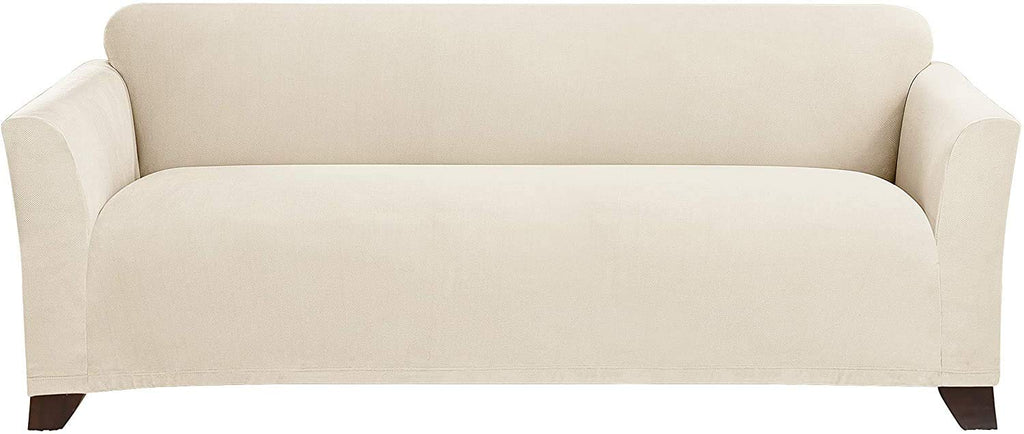 SureFit Form Fit Stretch Morgan Loveseat Slipcover - One Piece Polyester/Spandex Elastic Slipcover, Machine Washable (Loveseat Box Cushion, Ivory Color)