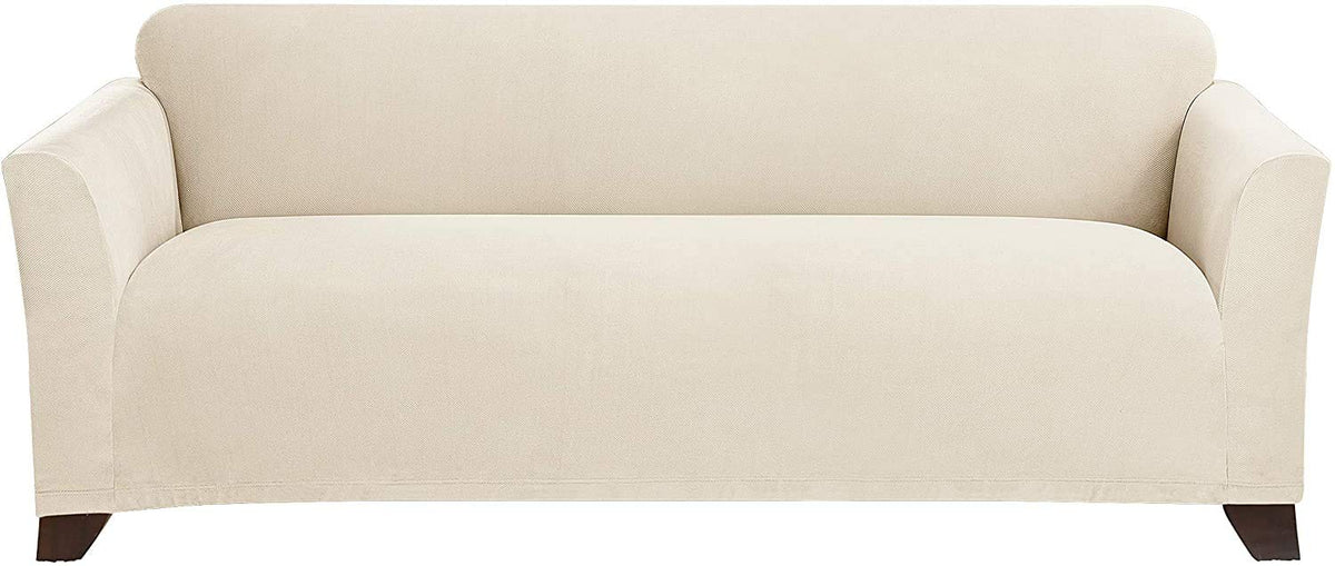 SureFit Form Fit Stretch Morgan Loveseat Slipcover - One Piece Polyester/Spandex Elastic Slipcover, Machine Washable (Loveseat Box Cushion, Ivory Color)