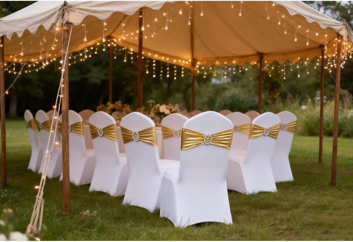 Gold Chair Sashes 100 Pack, Spandex Sashes for Chairs Wedding Reception, Stretch Chair Bands Bows for Party Banquet Theme Event Decor