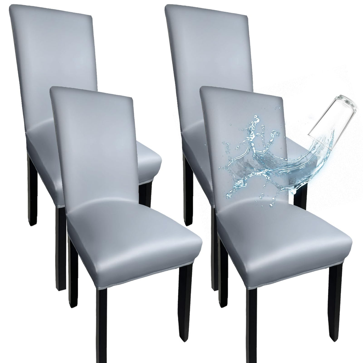 Leather Chair Covers for Dining Chairs Set of 4, Super Stretch Waterproof Kitchen Chair Covers Thickened Washable Dining Chair Slipcovers Black Chair Seat Covers for Dining/Kitchen/Banquet