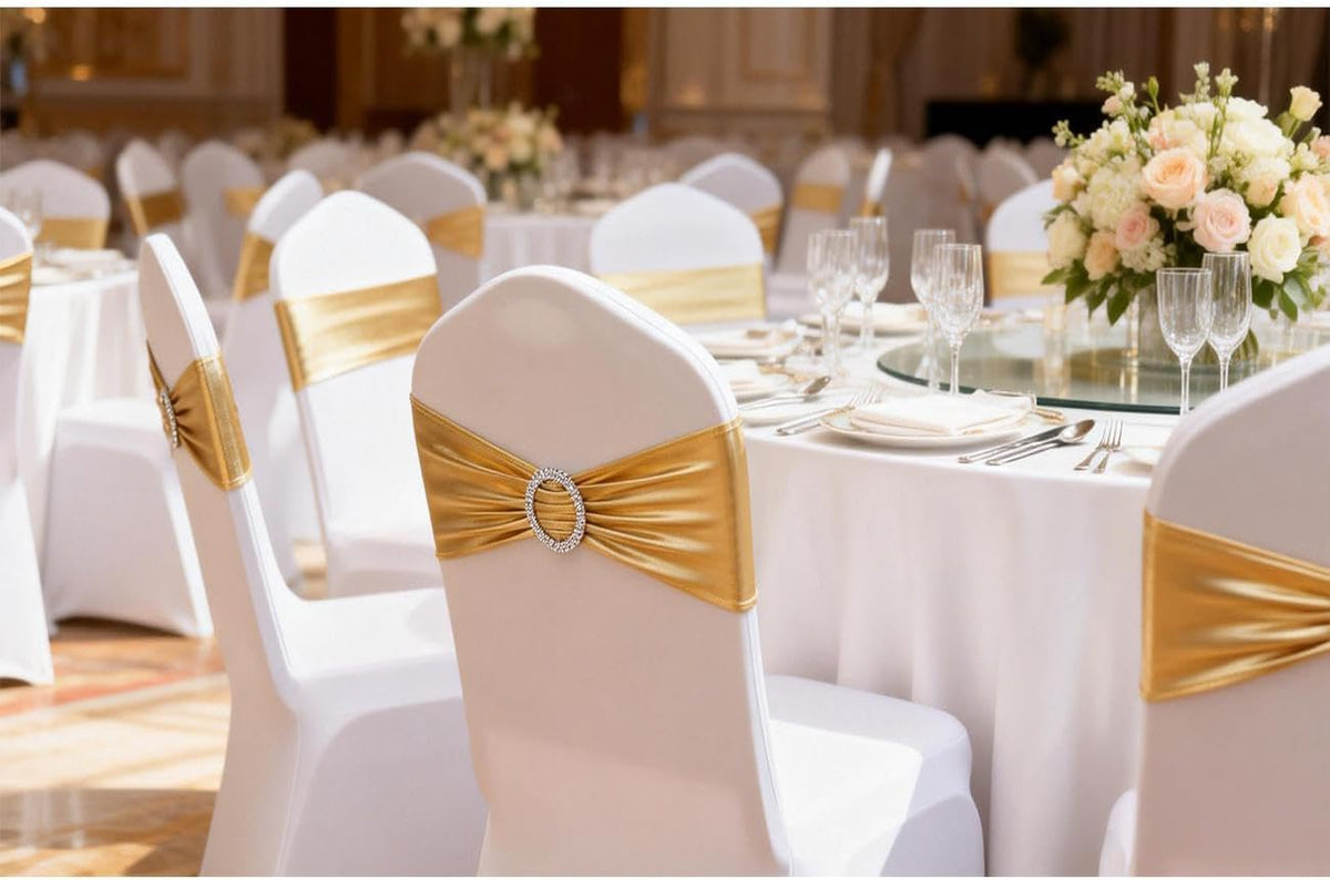 Gold Chair Sashes 100 Pack, Spandex Sashes for Chairs Wedding Reception, Stretch Chair Bands Bows for Party Banquet Theme Event Decor