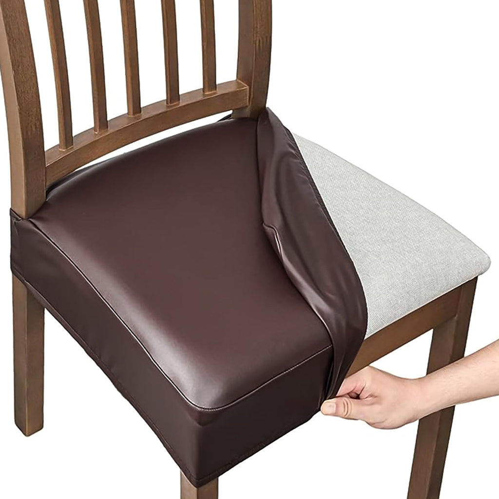 Dioxide Seat Covers Waterproof PU Leather Chair Covers Set of 6 for Dining Chairs,Stretch Fit Removable Chair Seat Protector Slipcovers with Elastic Band for Kitchen, Hotel (Black)