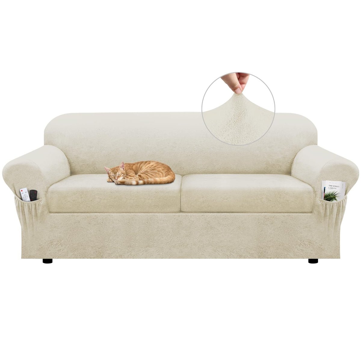 Loveseat Slipcover with Armrest Pockets 3-Piece Set, Stretch Faux Leather Love Seat Covers for 2-Cushion Couches(Fits 58-66") - Non-Slip, Machine Washable, Pet & Kid Friendly - Beige