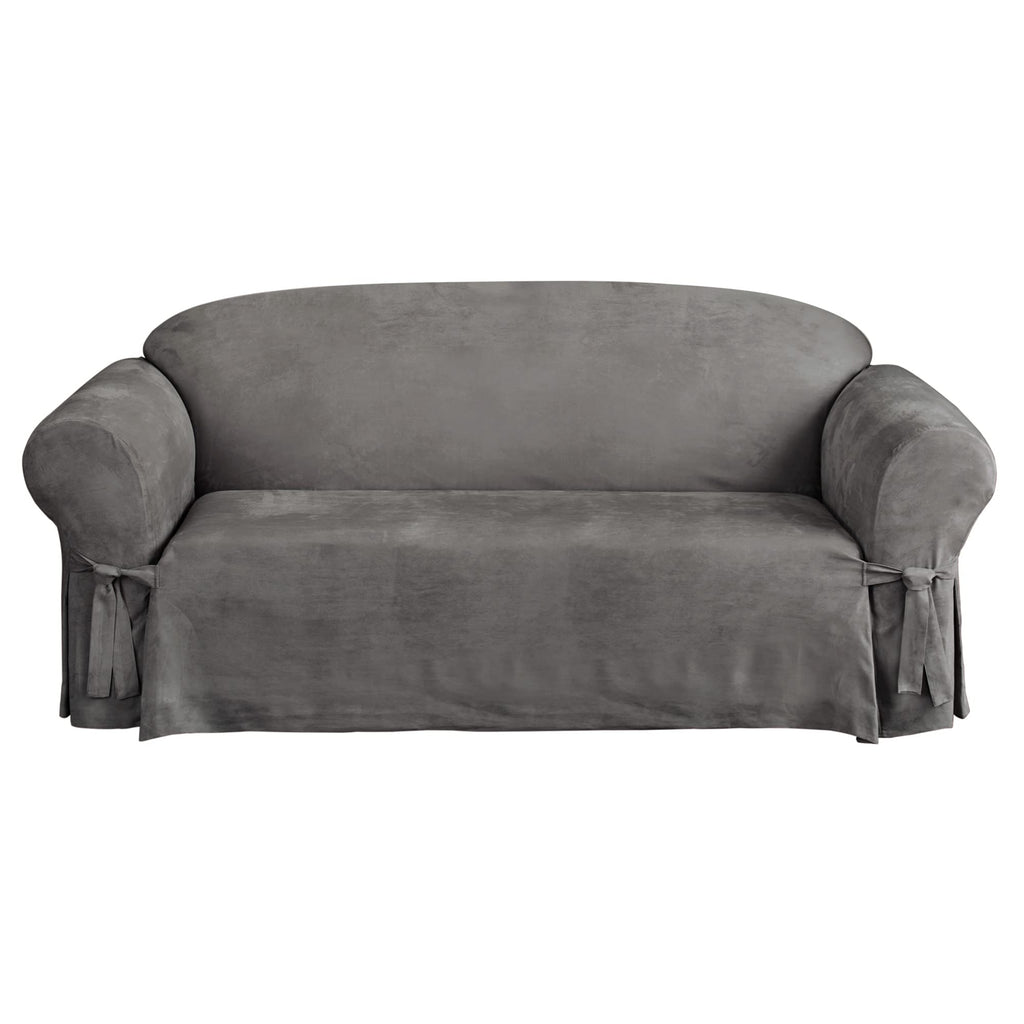 SureFit Home Décor Soft Suede Box Cushion Loveseat One Piece Slipcover, Relaxed Fit, Polyester, Machine Washable, Chocolate Color