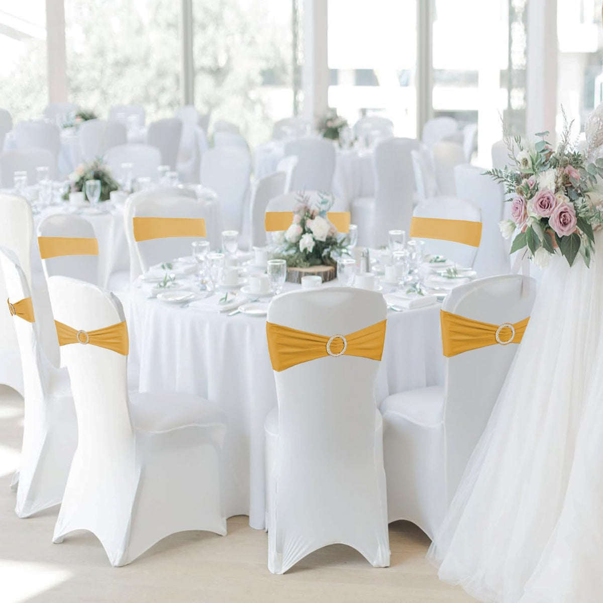 WJWHQ 100PCS Spandex Stretch Chair Sashes Bows Elastic Chair Cover Bands Ties with Buckle Slider for Wedding Party Reception Events Universal Ceremony Banquet Decorations (Gold)