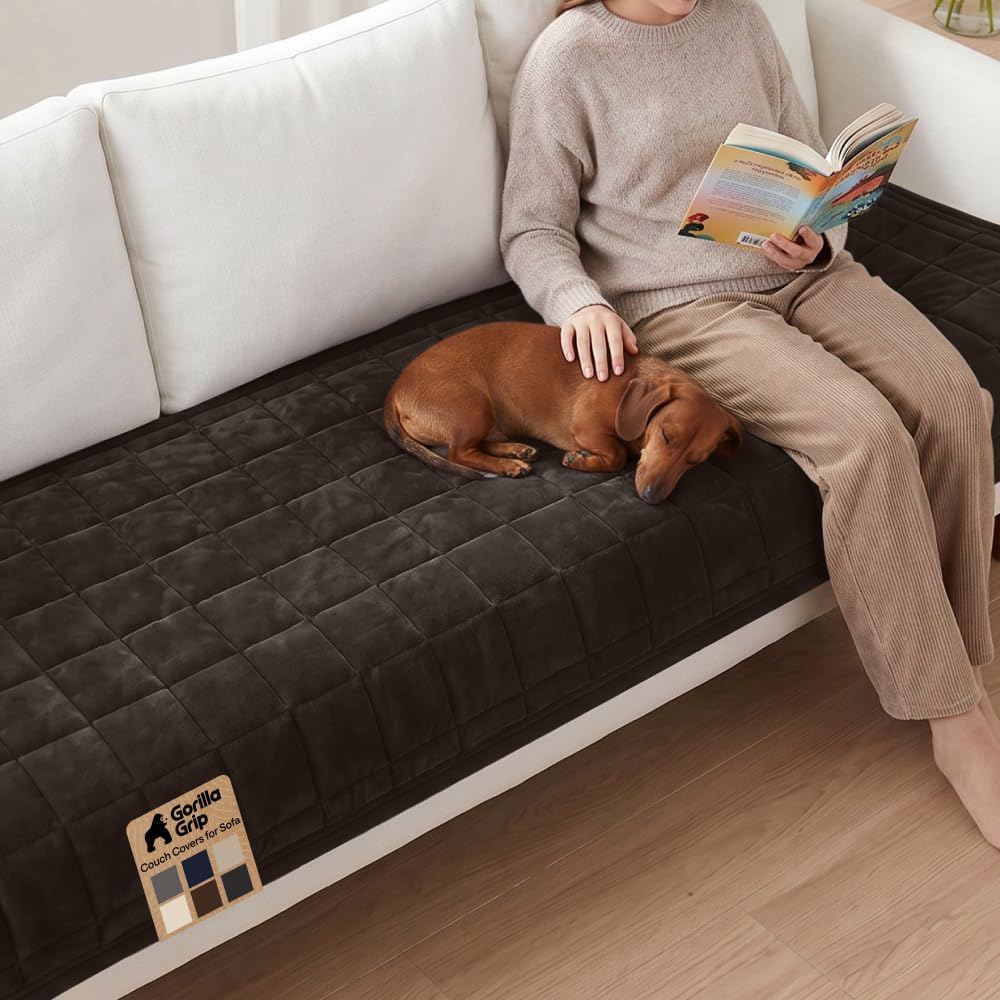 GORILLA GRIP Slip and Leak Resistant Plush Loveseat Cover, Brown