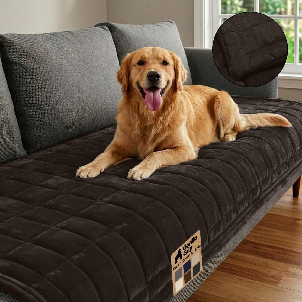 GORILLA GRIP Slip and Leak Resistant Plush Loveseat Cover, Brown