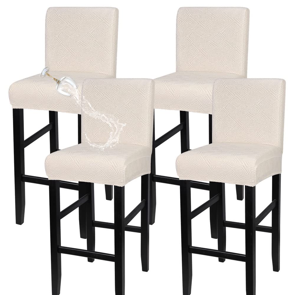 SearchI Bar Stool Covers Set of 4, Stretch Washable Barstool Seat Covers, Counter Height Chair Covers for Kitchen Dining Room Cafe (Beige Linen-Look Print)