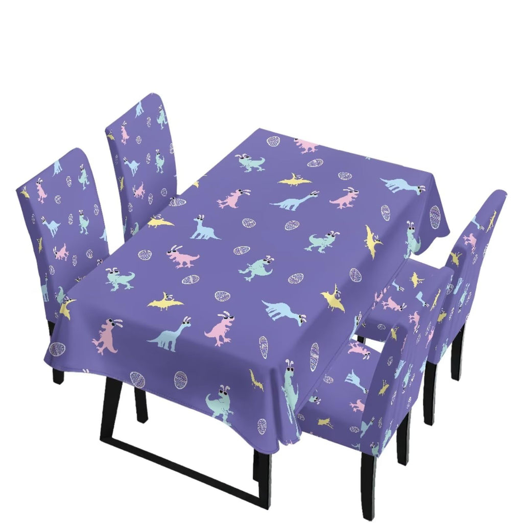 Table Cloth Rectangle Table Set of 5 Include Kitchen Chair Covers and Tablecloths for Dining Room Easter Decor, Anti-Scratch Chair Seat Protector Cover, Blue Cartoon Rabbit Carrot Dot