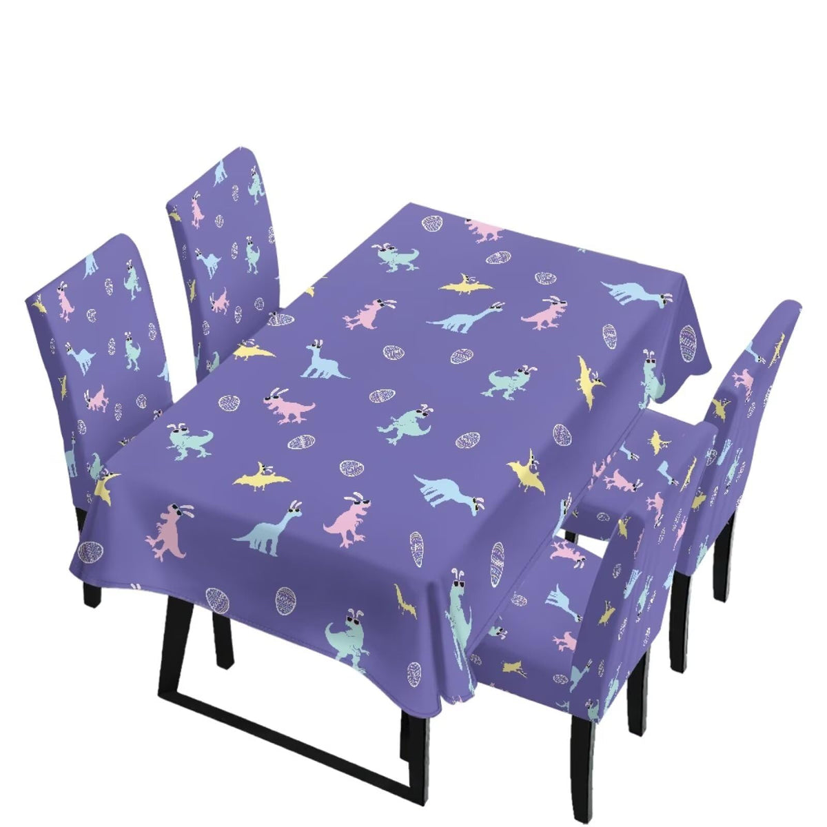 Table Cloth Rectangle Table Set of 5 Include Kitchen Chair Covers and Tablecloths for Dining Room Easter Decor, Anti-Scratch Chair Seat Protector Cover, Blue Cartoon Rabbit Carrot Dot