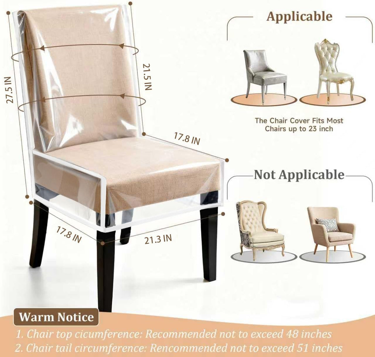 4 Pack Dining Chair Covers, Waterproof Clear Plastic Chair Covers for dining chairs, Plastic Seat Chair Protector Keep Chair Away from Water Dust Stain and Pet Claws W/21 x D/18 Fits Seatbacks 16-23"