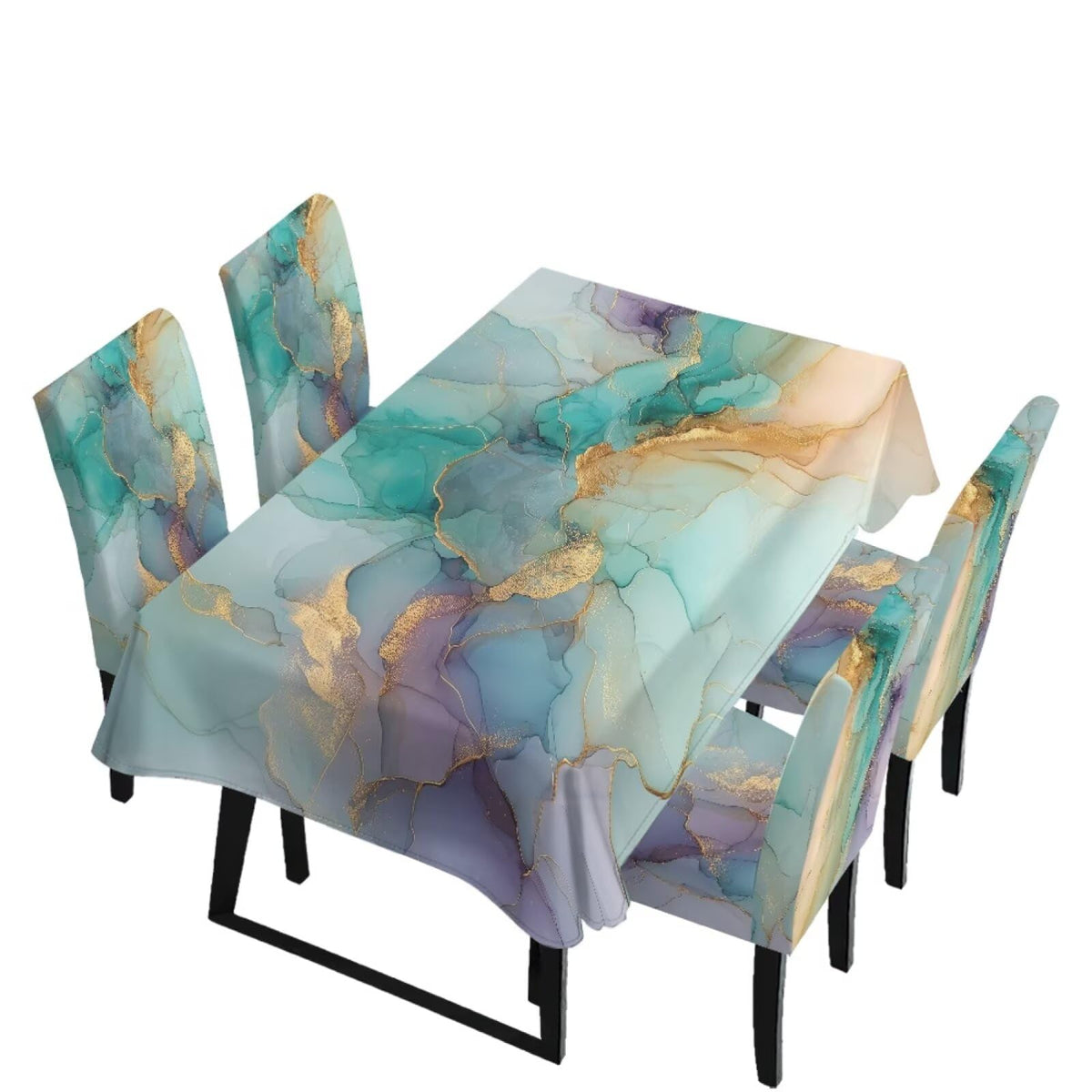 Table Cloth Rectangle Table Set of 7 Include Dining Chair Covers and Tablecloths for Dining Room Kitchen Banquet, Anti-Scratch Chair Seat Cover, Fluid Marble Print Green Gold Brown