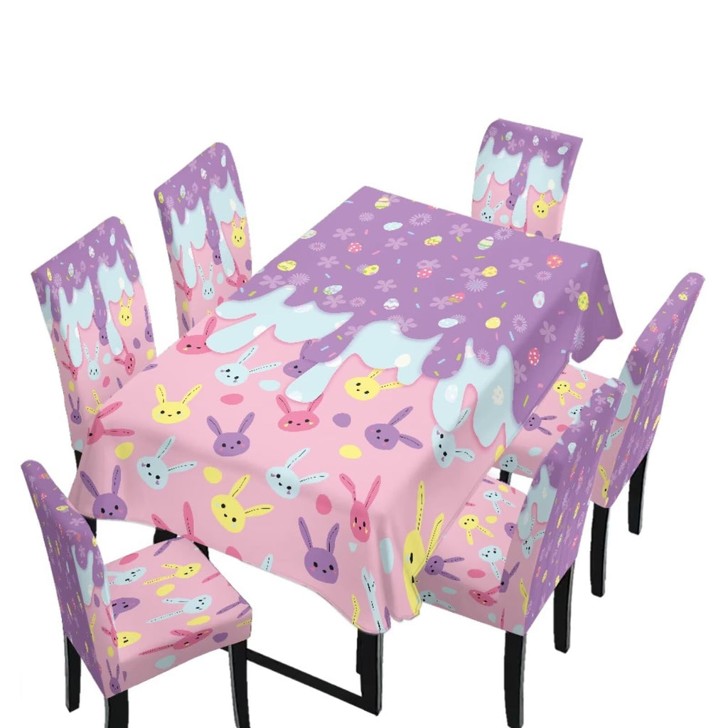 Table Cloth Rectangle Table Set of 5 Include Kitchen Chair Covers and Tablecloths for Dining Room Easter Decor, Anti-Scratch Chair Seat Protector Cover, Blue Cartoon Rabbit Carrot Dot