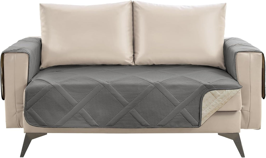 Backless Loveseat Covers for 2 Cushion Couch, Water-Repellent Covers for Leather Sofa Couch, Machine Washable Quilted Couch Covers, Pet Friendly Loveseat Slipcovers (Loveseat 48", Cool Gray)