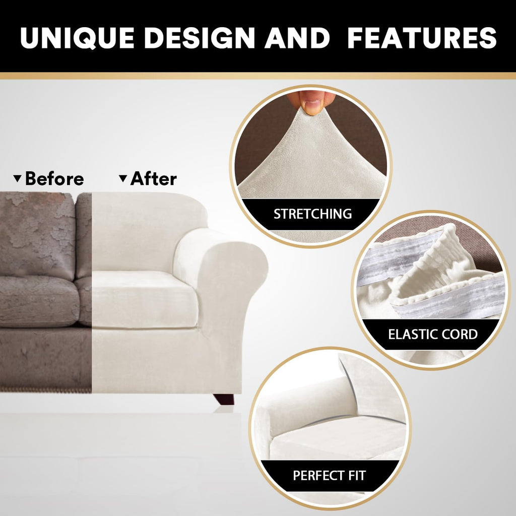 PrinceDeco Velvet Couch Cover Loveseat Covers for 2 Cushion Couch 3 Piece Sofa Covers for Dogs Washable Loveseat Covers Width Up to 72 Inch No Slip Stretch Sofa Slipcover(Medium, Porcelain)