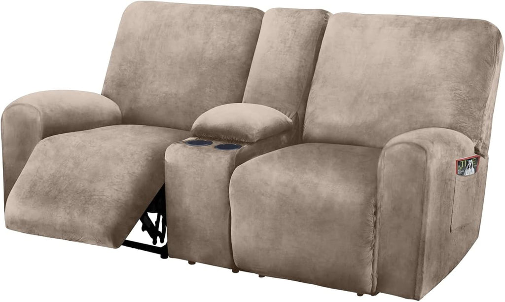 ULTICOR Reclining Loveseat with Middle Console Slipcover, 8-Piece Velvet Stretch Sofa Covers, 2 seat Loveseat Recliner Cover, Thick, Soft, Washable(Dark Grey)