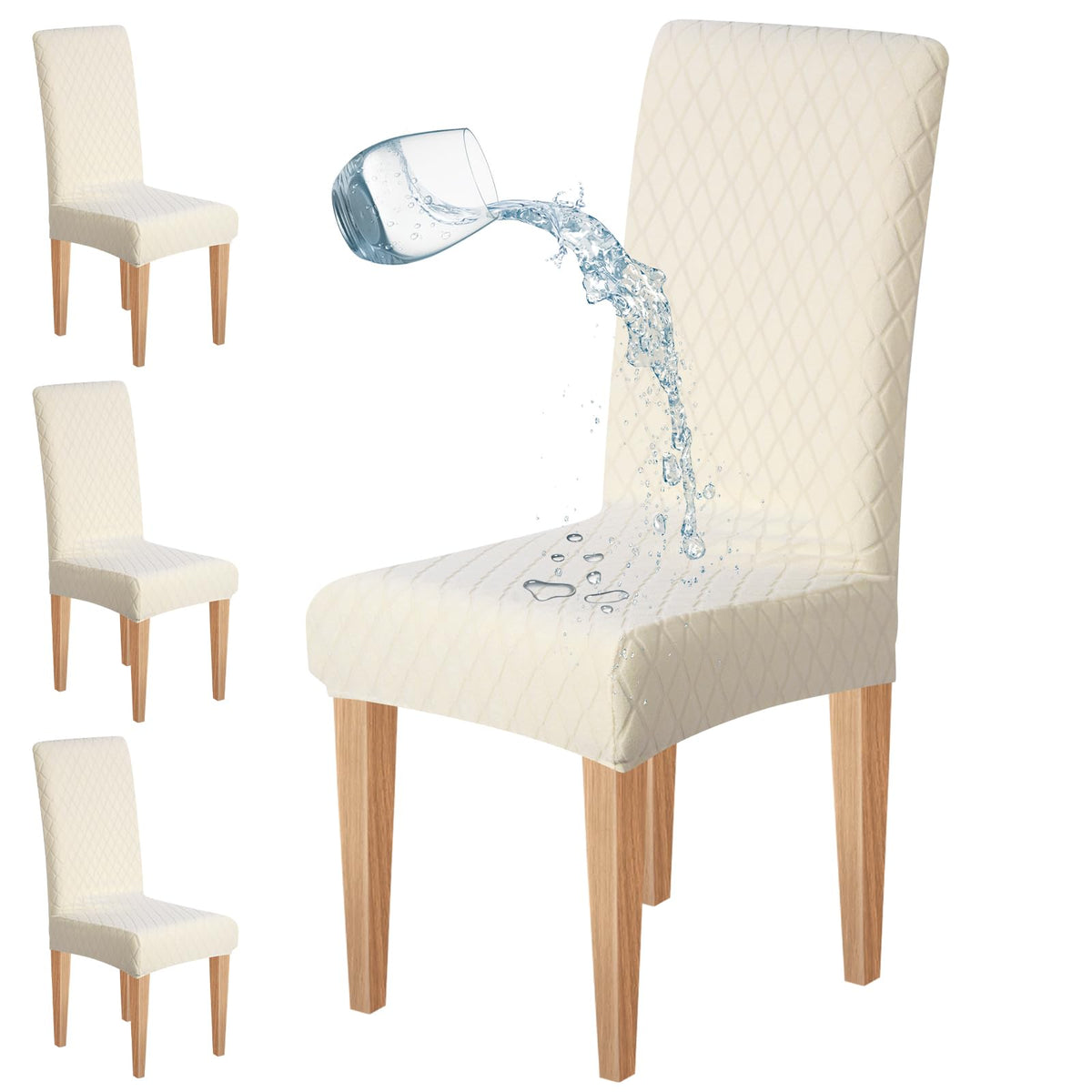 Dioxide Waterproof Chair Covers for Dining Chairs, Stretch Dining Chair Covers Set of 6, Parson Chair Slipcovers, Washable Kitchen Chairs Seat Covers Protectors for Home Restaurant Banquet - Beige