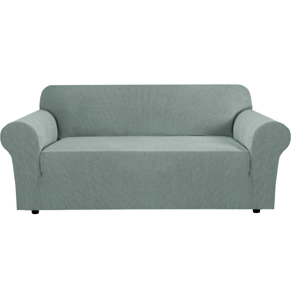 H.VERSAILTEX Stretch Couch Cover Loveseat Covers for 2 Cushion Couch Sofa Slipcover for Love Seat 1 Piece with Elastic Bottom, Checked Jacquard Fabric, Loveseat 58"-70" Wide, Butter Cream