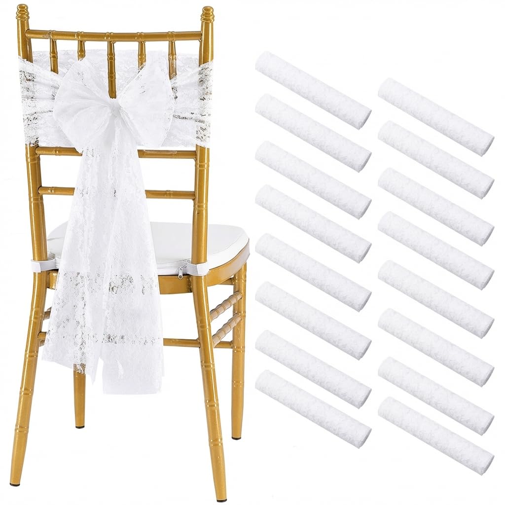 QueenDream White Chair Sashes Wedding Aisle Decorations: 24 Packs 8ft Long Draping Fabric Sheer Church Chair Cover Bulk for Party Banquet