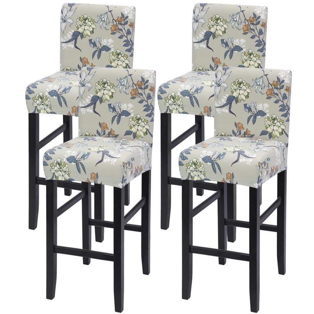 SearchI Bar Stool Covers Set of 4, Stretch Washable Barstool Seat Covers, Counter Height Chair Covers for Kitchen Dining Room Cafe (Beige Linen-Look Print)