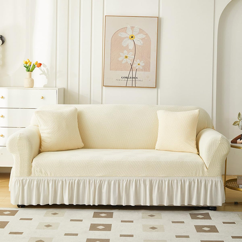 KAIJIE 1 piece Double seat Textured Sofa Slipcover with Ruffle Skirt,Elastic Stretch Fabric，Leaf Pattern Design Thick Anti Slip Protective Cover C-01Haze Blue