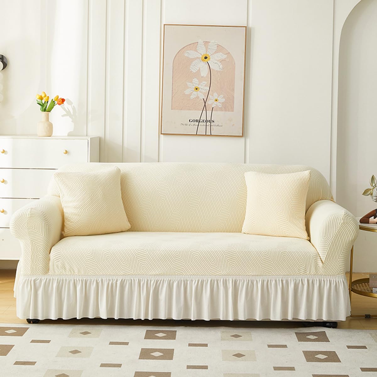 KAIJIE 1 piece Double seat Textured Sofa Slipcover with Ruffle Skirt,Elastic Stretch Fabric，Leaf Pattern Design Thick Anti Slip Protective Cover C-01Haze Blue