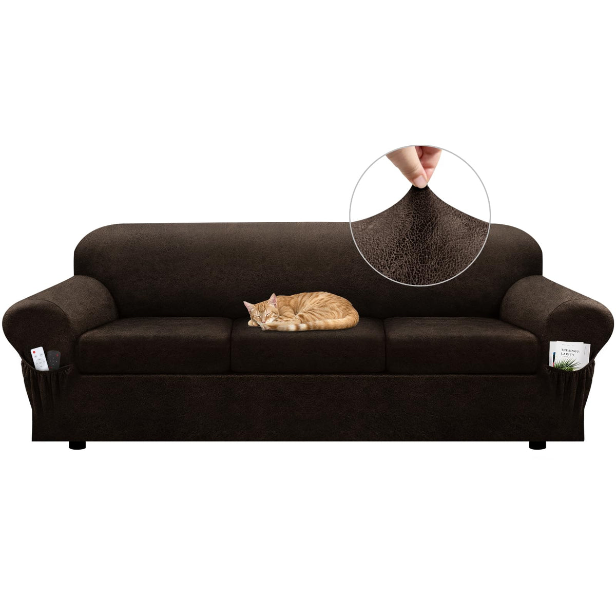 Loveseat Slipcover with Armrest Pockets 3-Piece Set, Stretch Faux Leather Love Seat Covers for 2-Cushion Couches(Fits 58-66") - Non-Slip, Machine Washable, Pet & Kid Friendly - Beige