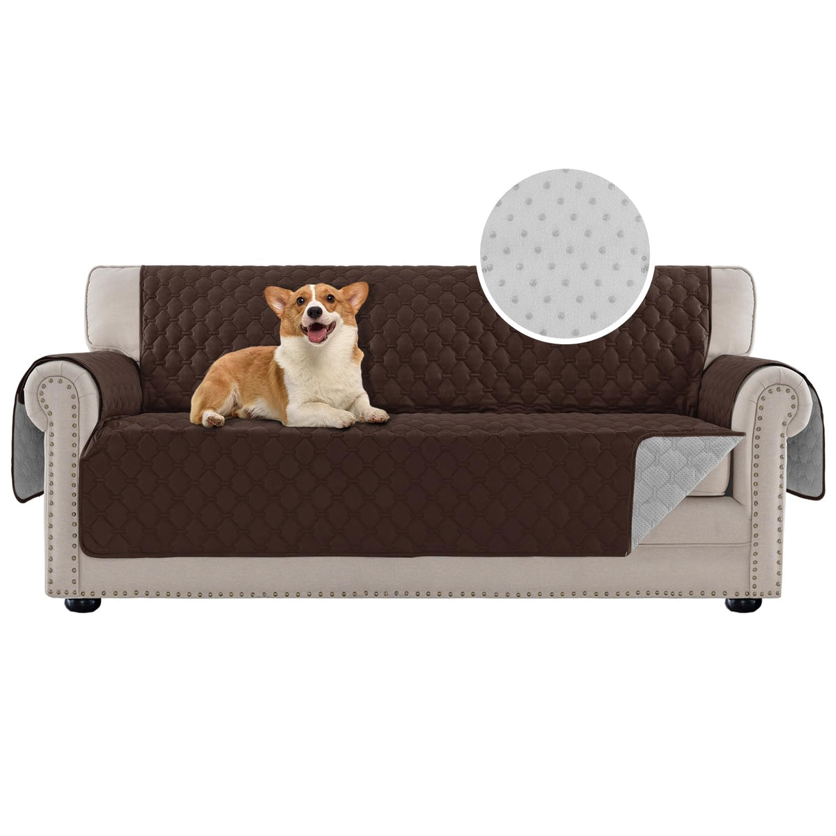PrinceDeco Love Seat Couch Covers for Dogs Quilted Loveseat Cover Furniture Protector Non-Slip Rubber Backing Water Resistant for 2 Cushion Couch Seat Width to 48"(Loveseat, Brown)