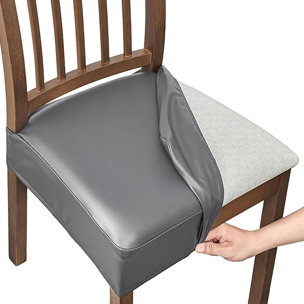 Dioxide Seat Covers Waterproof PU Leather Chair Covers Set of 6 for Dining Chairs,Stretch Fit Removable Chair Seat Protector Slipcovers with Elastic Band for Kitchen, Hotel (Black)