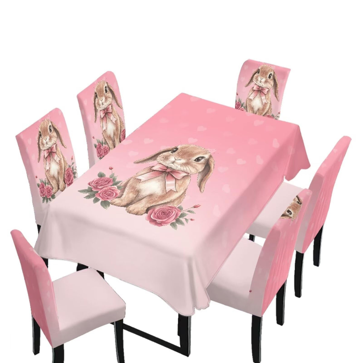 Dining Room Chair Cover and Tablecloths 7 Pack, Stain Resistant Stretch Kitchen Chair Seat Slipcovers Anti-Wrinkle Table Protector for Party, Pastoral Rose Flower Stripes Print Green