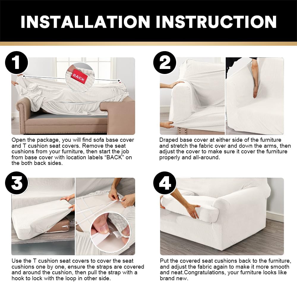 PrinceDeco T Cushion Loveseat Slipcover - 3 Pieces Sofa Cover for 2 Cushion Couch with 2 Individual T Shape Seat Covers Width Up to 76 Inch - Stretch, Machine Washable, Porcelain