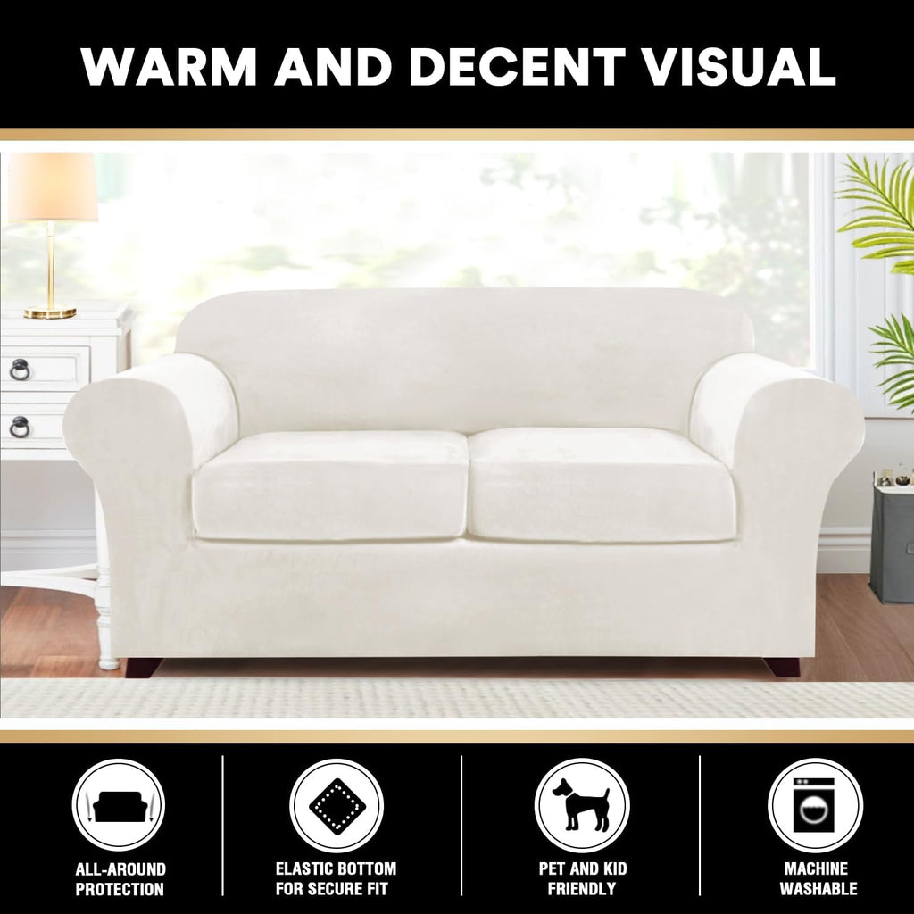 PrinceDeco Velvet Couch Cover Loveseat Covers for 2 Cushion Couch 3 Piece Sofa Covers for Dogs Washable Loveseat Covers Width Up to 72 Inch No Slip Stretch Sofa Slipcover(Medium, Porcelain)